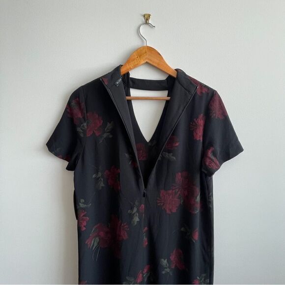 Black Tape_ Dress Burgundy Floral Short Sleeved V-Neck Sheath Back Zip Women's M - Picture 4 of 9